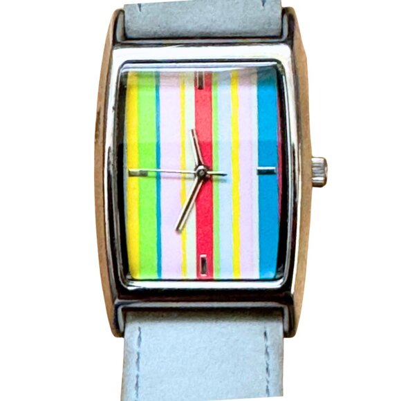 Pedre Watch Silver Tone Colorful Stripe Dial Blue Leather Band Japan MOVT - Picture 1 of 7